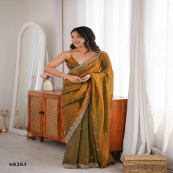 Premium Fendy Satin Saree with Beads & Pearl Embroidery Border